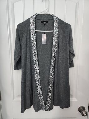 NEW! Express Gray Sequin Trim Short Sleeve Cardigan, Size Large